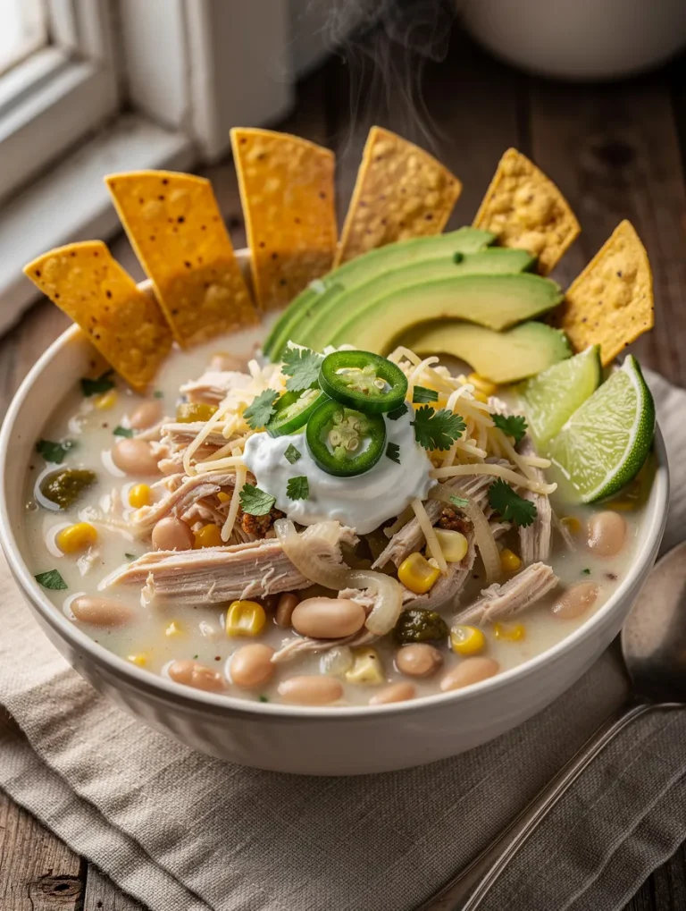 White chicken chili in a crock pot topped with shredded chicken, white beans, corn, cheese, sour cream, jalapeños, avocado, cilantro, and tortilla chips with lime wedges.