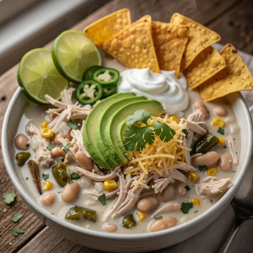 White chicken chili crock pot recipe topped with shredded chicken, white beans, corn, avocado, cheddar cheese, sour cream, jalapeños, cilantro, tortilla chips, and fresh lime.