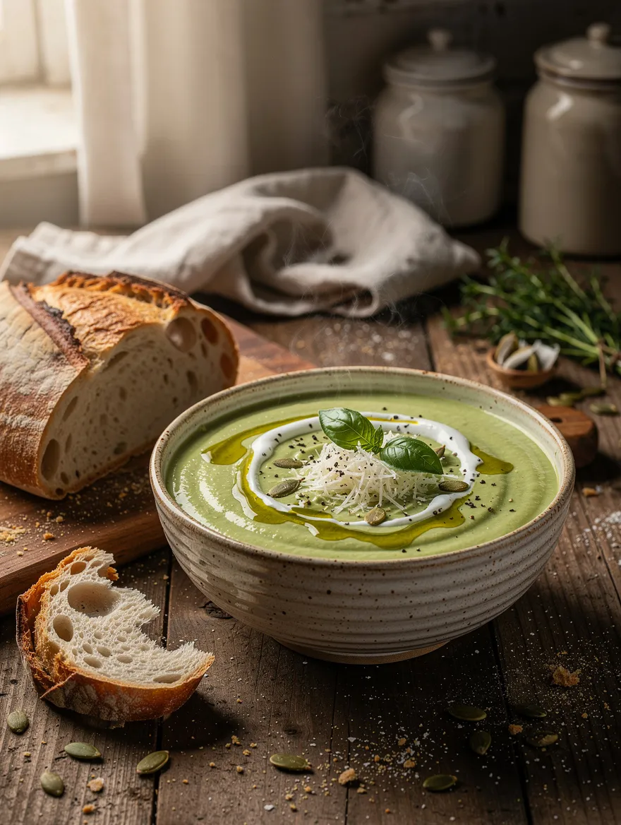 Creamy zucchini soup garnished with Parmesan cheese, fresh basil, pumpkin seeds, a swirl of cream, olive oil, and black pepper, served with rustic artisan bread.